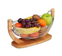 Relaxdays Frutero de Cocina Moderno, Original, Rejilla, Bol, Bambú-Acero Inox., 1 Ud., 18,5x38x23 cm, Marrón-Plateado