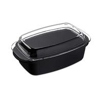 Relaxdays Fuente Horno con Tapa, Antiadherente, Apta para Lavavajillas, Aleación de Aluminio y Vidrio, 39 cm, Negro