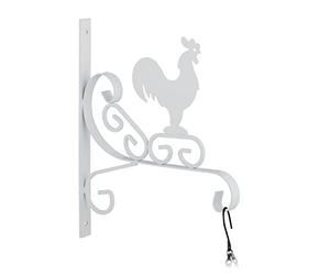Relaxdays Gancho Macetas Pared, Colgador Maceteros Diseño Gallo, 30 x 25,5 x 2cm, Percha Jardín Exterior, Hierro, Blanco