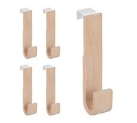 Relaxdays Ganchos Puerta Set 5 Madera y Hierro, Chaquetas, Toallas, Colgadores Pasillo, 13x2,5x6 cm, Blanco y Natural