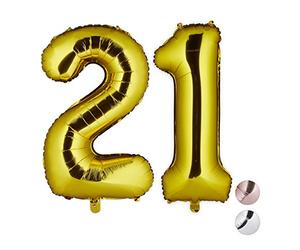 Relaxdays Globos de Cumpleaños Número 21, Aluminio, Dorado, 85-100 cm