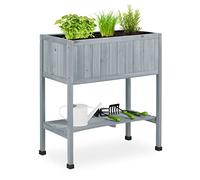 Relaxdays Huerto Urbano Madera, Bancal Alto, Jardinera, Balda de Herramientas, 80,5 x 74 x 38 cm, Jardín, Balcón, Gris