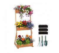 Relaxdays Huerto Vertical Madera HxAxP 140x60x50 cm, 3 cajones balcón/terraza, Tela no Tejida + Accesorios, Natural