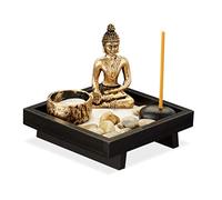 Relaxdays Jardín Zen, Buda, Piedras, Arena, Incienso y Portavelas, Decoración Feng Shui, Madera-Plástico, 1 Ud., Negro