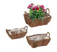 Relaxdays Jardinera con Asas, 3 Tamaños Diferentes, Jardín, Balcón y Alféizar, Macetas con Forro de Plástico, Natural