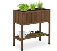 Relaxdays, jardinera elevada, con lámina protectora, estante, dimensiones: 80 x 74 x 38 cm, ideal para jardín, balcón y terraza, mesa para plantas, madera de pino, color marrón