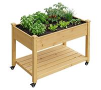 Relaxdays, jardinera elevada con ruedas y estante, dimensiones: 84 x 105 x 56,5 cm, ideal para jardín, balcón y terraza, mesa para plantas, madera de pino, color natural