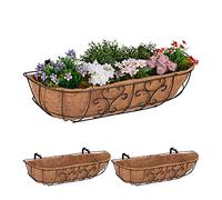 Relaxdays Jardineras de Balcón Set de 3, para Colgar en Barandilla, Hierro y Fibra de Coco, 21x76x22 cm, Marrón/Natural