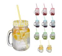 Relaxdays Jarras con Tapa y Pajita, Set de 12 Jarritas Limonada, 500 ml, Vasos Retro Veraniegos con Asa, Multicolor