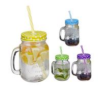 Relaxdays Jarras con Tapa y Pajita, Set de 4 Jarritas Limonada, 500 ml, Vasos Retro Veraniegos con Asa, Multicolor