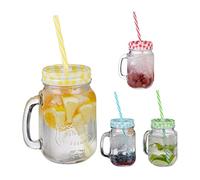 Relaxdays Jarras con Tapa y Pajita, Set de 4 Jarritas Limonada, 500 ml, Vasos Retro Veraniegos con Asa, Multicolor