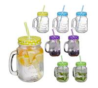 Relaxdays Jarras con Tapa y Pajita, Set de 8 Jarritas Limonada, 400 ml, Vasos Retro Veraniegos con Asa, Multicolor