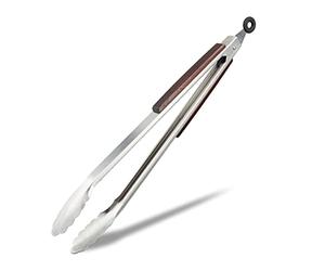 Relaxdays juego 6 pinzas de cocina acero inox mango madera, plateadas