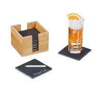 Relaxdays Juego 8 Posavasos Pizarra con Estuche de Bambú, Platos Sushi, Vasos Cóctel y Copas, 10 x 10 cm, Antracita