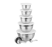 Relaxdays Juego de 18 utensilios de cocina, 5x bol para mezclar con tapa, cucharas y tazas medidoras, Plateado y blanco