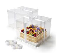 Relaxdays Juego de 2 Cajas para Tartas, Tapa, Cinta y Base, 20 x 30 x 30 cm, Caja para Tartas de Boda y Regalo, Transparente/Blanco