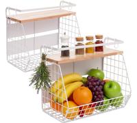 Relaxdays, juego de 2 estanterías de pared para frutas, madera, organizador magnético para la cocina, dimensiones 30x35,5x21 cm, cesta de metal, color blanco/natural