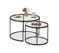 Relaxdays Juego de 2 mesas de cristal y metal negro,transparente