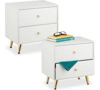 Relaxdays, juego de 2 mesitas de noche, 2 cajones, dimensiones: 41,5 x 40 x 32,5 cm, ideal para dormitorios y habitaciones de invitados, mesita de noche, color blanco/dorado