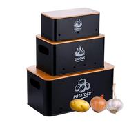 Relaxdays Juego de 3 Cajas de Almacenamiento, Patatas, cebollas, ajo, Caja de Verduras, Recipiente Cocina, Metal, Negro