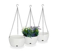 Relaxdays Juego de 3 cestas Almacenamiento Pack 3 Macetas Colgantes con Depósito de Agua, 3 Tamaños, Maceteros Interior y Exterior Autorriego, Blanco, Acero, 67 x 28,5 cm