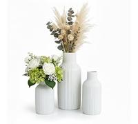 Relaxdays Juego de 3 jarrones, para Flores Frescas y secas, Decorativos de cerámica, Blanco