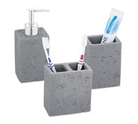 Relaxdays Juego de 3 Piezas de baño, dispensador de jabón, Vaso para cepillos de Dientes, Soporte para cepillos de Dientes, hormigón y Acero Inoxidable, Gris