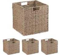 Relaxdays Cesta Almacenaje, Set de 4, Hierba Marina, Diseño Tejido, Ropa, Juguetes, 30x30x30cm, Caja Estantería, Natural