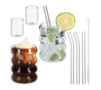 Relaxdays Juego de 4 vasos de vidrio ondulados transparente