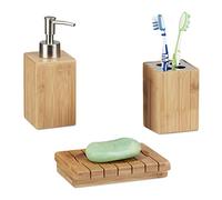 Relaxdays Juego de accesorios de baño de bambú marrón claro,plata