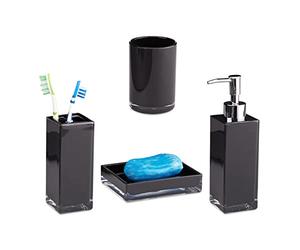 Relaxdays Juego de Accesorios de Baño Moderno, Plástico, Negro, 4 Piezas