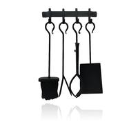 Relaxdays Juego de Accesorios para Chimenea, 5 Piezas, atizador, Pala, Escoba, tenazas, Soporte de Pared, Negro
