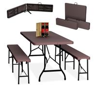 Relaxdays Conjunto Jardín Plegable, 3 Piezas, Mesa de Exterior, 2 Bancos de Patio, Camping o Recepción, 180 cm, Marrón