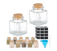 Relaxdays Juego de tarros Tapa Botes Especias, Especieros Cuadrados Cristal y Corcho 50ml, Etiquetas, Lápìz y Embudo, Transparente/Natural, Silicona, 12 Piezas