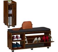 Relaxdays: Juego de zapatero con superficie de asiento y armario, color marrón y
