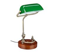 Relaxdays Lámpara Banquero, Tulipa Inclinable Cristal, Base Madera, Casquillo E27, Luz Escritorio Vintage, Verde/Marrón