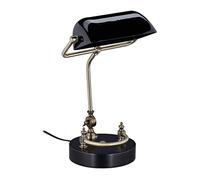 Relaxdays Lámpara Banquero Vintage, Tulipa Cristal Orientable, Madera, Luz Escritorio y Oficina, Rosca E27, Retro, Negro