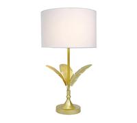 Relaxdays lámpara de Mesa con Base de Hojas de Palmera, Pantalla de Tela, Casquillo E14, salón/Dormitorio, Blanco/Dorado