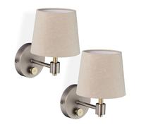 Relaxdays Lámpara de Pared Vintage, 2X, dimmable, Interruptor, Pantalla Tela, E14, 23x15x21 cm, Beige/Plata