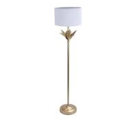 Relaxdays Lámpara de pie, base con hojas de palmera, pantalla de tela, casquillo E27, salón/dormitorio, blanco/dorado