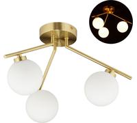 Relaxdays Lámpara de techo GLOBI, Tres focos, G9, Esferas de cristal opalino, 24,5 x 36 cm, Dorado