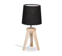 Relaxdays Lámpara Mesita Noche Trípode Negra, Lámpara Sobremesa Nórdica, Salón, Madera y Tela, 31x14 cm, Natural/Negro