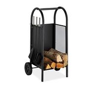 Relaxdays Leñero con accesorios de chimenea, Soporte portátil, Pala para cenizas, Cepillo & Atizador, Negro
