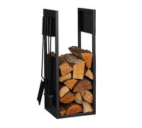 Relaxdays Leñero con Utensilios de Chimenea, Metal, 76,5 x 36 x 30 cm, Estante de Leña para Interior, Negro