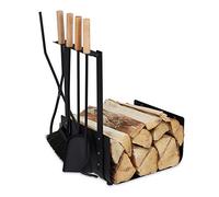 Relaxdays Leñero Metálico, Set Accesorios Chimenea, Pala, Escobilla, Tenazas y Atizador, Estantería Leña Interior, Negro