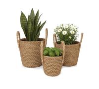 Relaxdays Maceta, Juego de 3, caña, macetas con Forro y Asas, 3 tamaños, Estilo Boho, maceteros Redondos, Natural