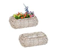 Relaxdays Maceta, Set 2, Ratán, Macetero con Plástico, 10 x 25 x 15 cm, Cestas para Plantas de Interior, Blanco/Natural