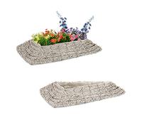 Relaxdays Maceta, Set 2, Ratán, Macetero con Plástico, 10 x 55 x 25 cm, Cestas para Plantas de Interior, Blanco/Natural