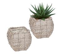 Relaxdays Maceta, Set 2, Ratán, Macetero con Plástico, 20 x 20 x 20 cm, Cestas para Plantas de Interior, Blanco/Natural
