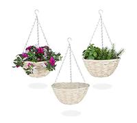 Relaxdays Set de 3 macetas colgantes tejidas beige